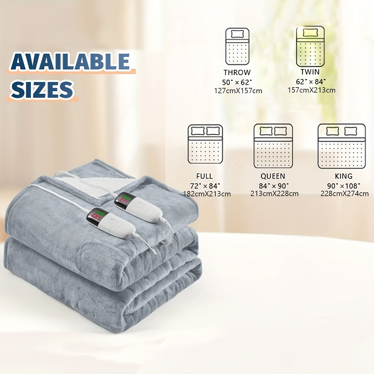 Queen/King Heated Blanket, Electric Heated Blanket, Independent Temperature A/B Zones with Dual Controllers, Heating Bed Blankets with 10 Heating Levels, 1/2/4/6/8 Hours Auto Off, Fast Heating Over, Soft Warm Flannel, Gray, 8