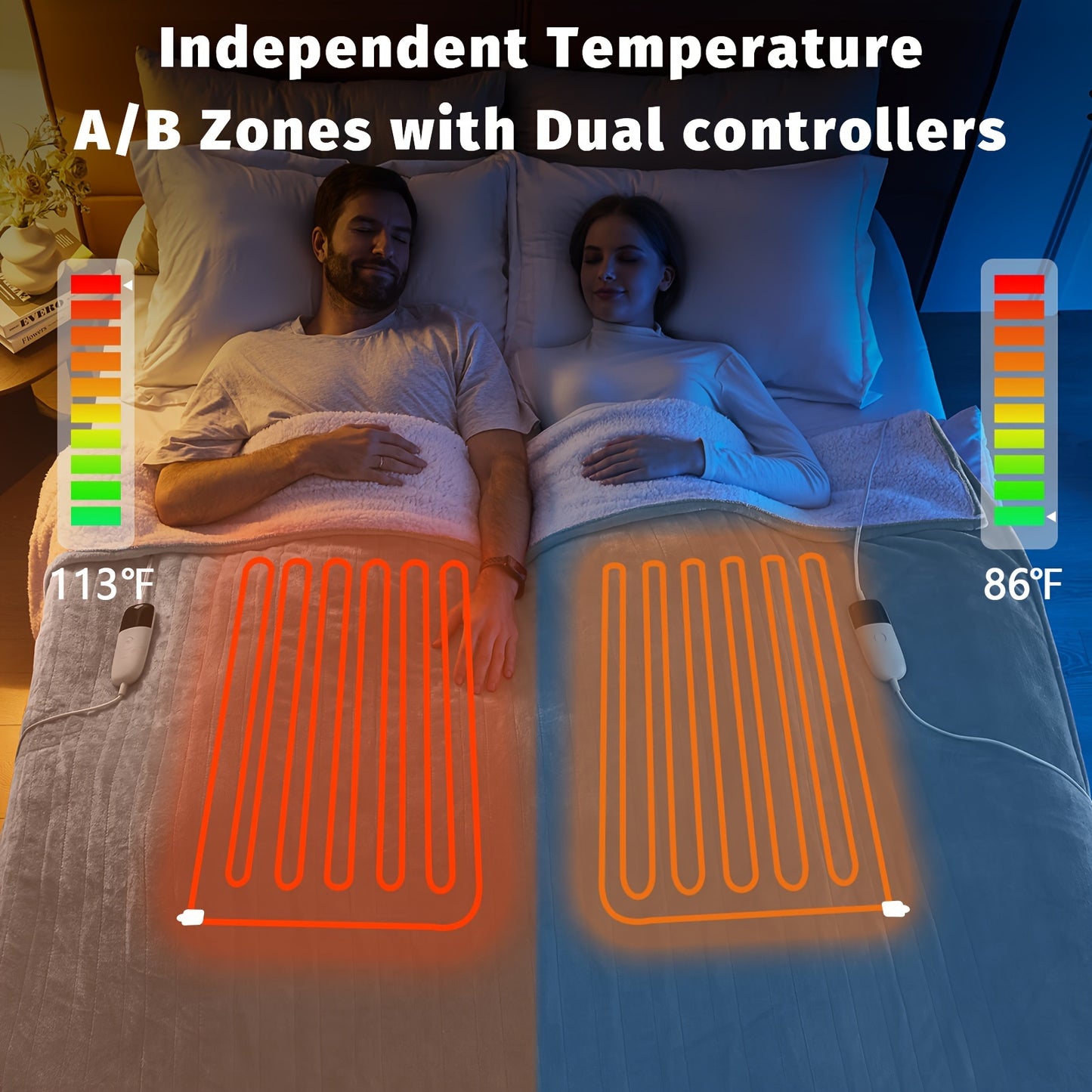 Queen/King Heated Blanket, Electric Heated Blanket, Independent Temperature A/B Zones with Dual Controllers, Heating Bed Blankets with 10 Heating Levels, 1/2/4/6/8 Hours Auto Off, Fast Heating Over, Soft Warm Flannel, Gray, 8