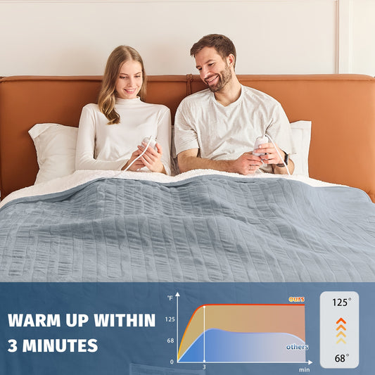 Queen/King Heated Blanket, Electric Heated Blanket, Independent Temperature A/B Zones with Dual Controllers, Heating Bed Blankets with 10 Heating Levels, 1/2/4/6/8 Hours Auto Off, Fast Heating Over, Soft Warm Flannel, Gray, 8