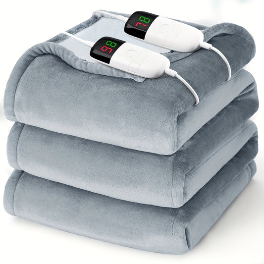 Queen/King Heated Blanket, Electric Heated Blanket, Independent Temperature A/B Zones with Dual Controllers, Heating Bed Blankets with 10 Heating Levels, 1/2/4/6/8 Hours Auto Off, Fast Heating Over, Soft Warm Flannel, Gray, 8
